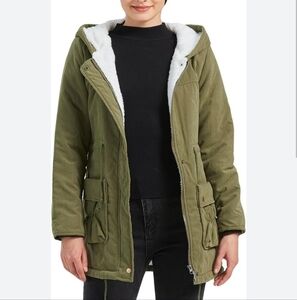 Women's Mid Length Faux Lamb Wool Lined Hooded Army Green Jacket Coat, Size M